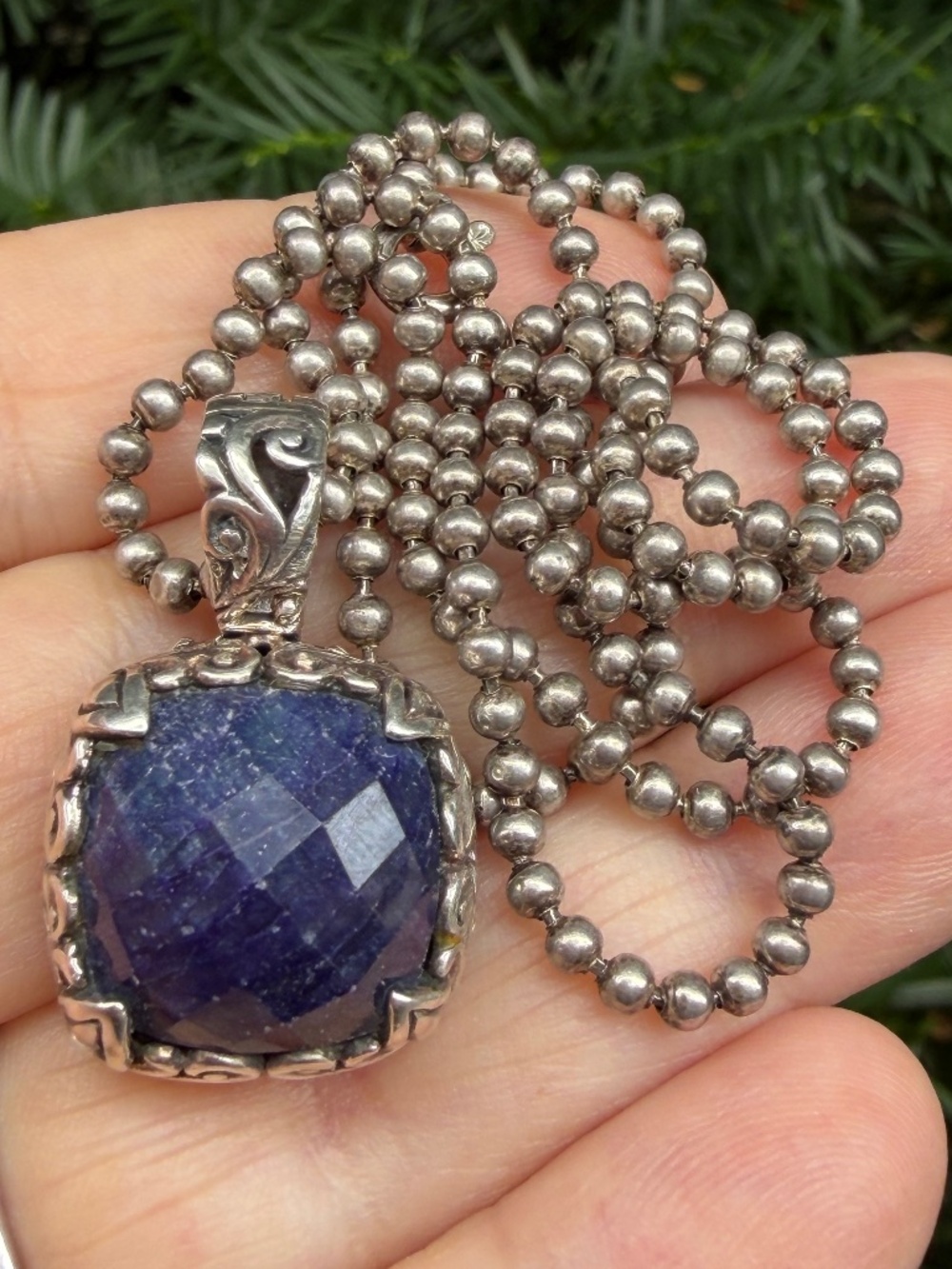 VINTAGE FACETED BLUE SAPPHIRE PENDANT ENHANCER CHAIN NECKLACE 925 STERLING SILVR